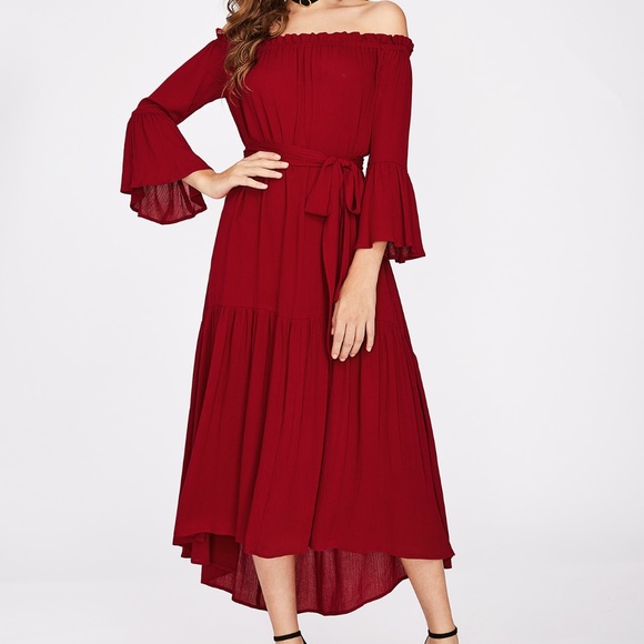 Perfect Red Bell Sleeve Bardot Dress - Picture 4 of 8